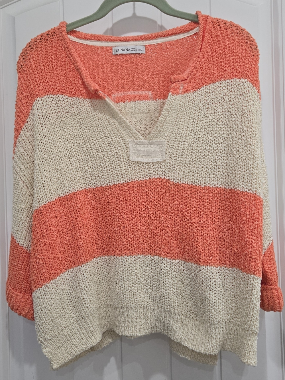 ZenaNa Straw Coral and Cream Knit Stripe Sweater
